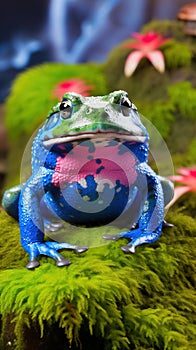 Blue frog on green moss with blurred pink flower background.