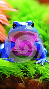 Blue frog on green moss with blurred pink flower background.