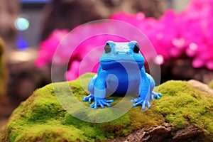 Blue frog on green moss with blurred pink flower background.