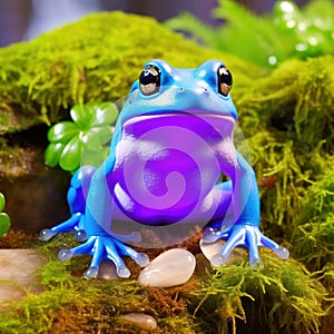 Blue frog on green moss with blurred pink flower background.