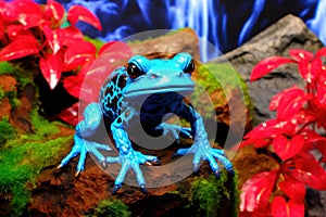 Blue frog on green moss with blurred pink flower background.