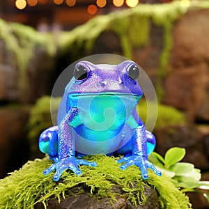 Blue frog on green moss with blurred pink flower background.