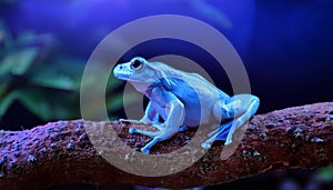 A blue frog is sitting on a branch