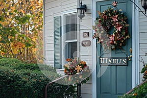 A blue front door adorned with a wreath, creating a welcoming entrance, An inviting exterior of a home decorated for Thanksgiving
