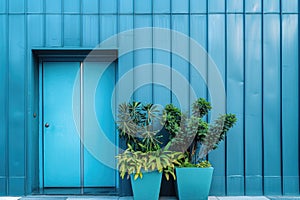 Blue Front door with plants, Facade of a modern building with modern door