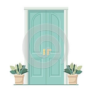 Blue front door with two pots with plants. Cartoon house illustration