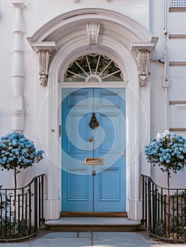 Blue Front Door With Wrought Iron Fence