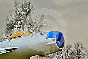 Blue front of old jet military aircraft with a tree and cold gr