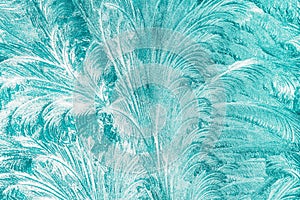 Blue Frosty Glass Ice Background, Natural Beautiful Snowflakes Frost Ice Pattern. Winter Xmas Christmas Abstract