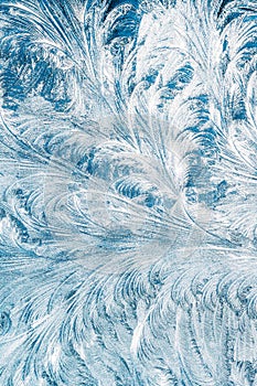 Blue Frosty Glass Ice Background, Natural Beautiful Snowflakes Frost