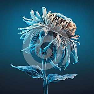 Blue frozen dreamlike flower closeup on dark background