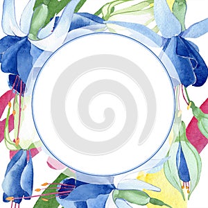 Blue fuchsia. Floral botanical flower. Watercolour drawing fashion aquarelle isolated. Frame border ornament square.
