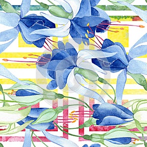 Blue fuchsia. Floral botanical flower. Watercolour drawing fashion aquarelle isolated. Seamless background pattern.