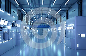 Blue futuristic semiconductor manufacturing factory or laboratory interior with machine and computer screen