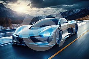 A blue futuristic sports car speeding down a curved road on the mountains