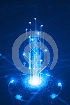 Blue futuristic technology background with glowing circuit lines and digital elements for tech presentations and innovation themes