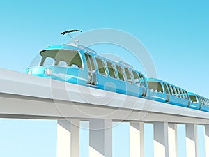 Blue futuristic train on the bridge