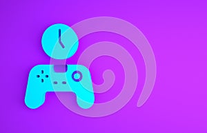 Blue Gamepad of time icon isolated on purple background. Time to play games. Game controller. Minimalism concept. 3d illustration