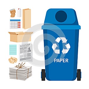 Blue garbage can with paper elements