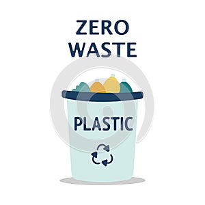 Blue garbage can with plastic garbage elements, illustration