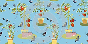 Blue garden pattern with tomato plant.