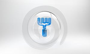 Blue Garden rake icon isolated on grey background. Tool for horticulture, agriculture, farming. Ground cultivator