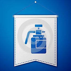 Blue Garden sprayer for water, fertilizer, chemicals icon isolated on blue background. White pennant template. Vector