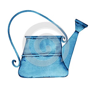 Blue garden watering can. Watercolor illustration, poster.