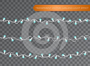 Blue garland set, Christmas decoration lights effects. Isolated transparent vector design elements. Glowing lights for