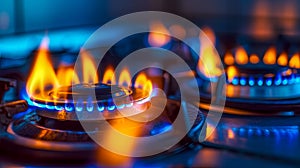 blue gas stove flames burning brightly, with a soft focus on metallic burners, capturing the energy and warmth of