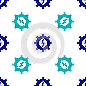 Blue Gear and lightning icon isolated seamless pattern on white background. Electric power. Lightning bolt sign. Vector