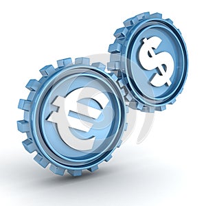 Blue gears showing a relationship and influence of the dollar on the euro
