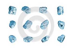 Blue gem stones white background isolated closeup, crushed ice cubes set, rough diamonds collection, raw brilliants texture