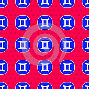 Blue Gemini zodiac sign icon isolated seamless pattern on red background. Astrological horoscope collection. Vector