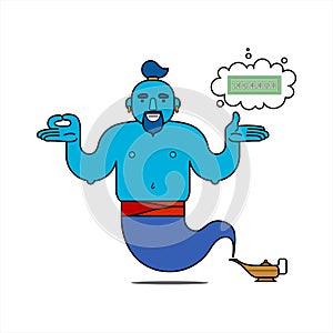 Blue genie from the lamp, cartoon character. The desire to be rich. The genie will easily fulfill any three wishes. Banknote - a