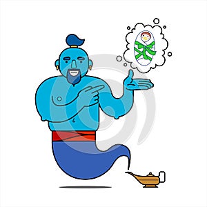 Blue genie from the lamp, cartoon character. Desire to have children. The genie will fulfill any three wishes. Illustration,