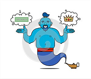 Blue genie from the lamp, cartoon character. The genie will fulfill any three wishes. I want wealth, I want power. Banknote and