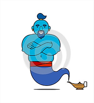 Blue genie from the lamp, cartoon character, standing with his arms crossed. The genie will fulfill any three wishes. Illustration