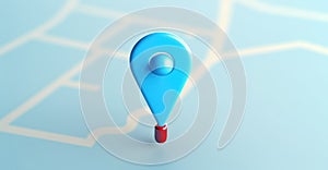 Blue geolocation marker on the map in 3D style. Navigation system. Pin