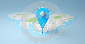 Blue geolocation marker on the map in 3D style. Navigation system. Pin