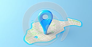 Blue geolocation marker on the map in 3D style. Navigation system. Pin