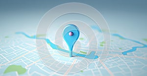 Blue geolocation marker on the map in 3D style. Navigation system. Pin