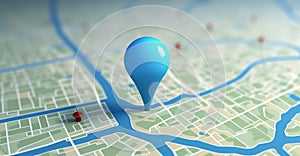 Blue geolocation marker on the map in 3D style. Navigation system. Pin