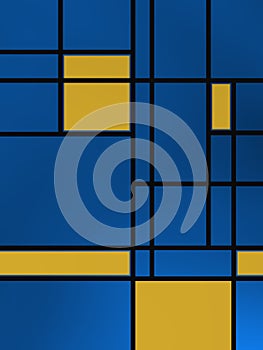 Blue geometric compositio with white lines.