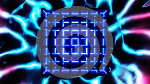 blue geometric cube in colorful sci-fi tunnel vj loop abstract template