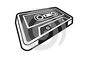 Retro music cassette tape on white background. 3D audio cassette tape in perspective.