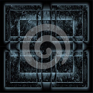 Blue geometric pattern on a black background. Abstract square background