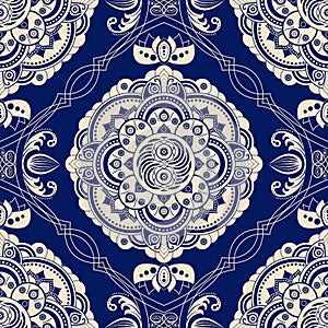 Blue geometric seamless pattern. Mandala wallpaper