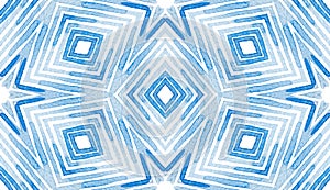 Blue Geometric Watercolor. Admirable Seamless Pattern. Hand Drawn Stripes. Brush Texture. Magnificen