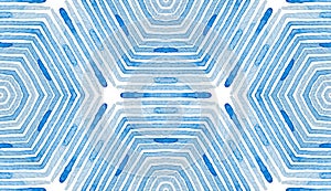 Blue Geometric Watercolor. Admirable Seamless Pattern. Hand Drawn Stripes. Brush Texture. Mesmeric C